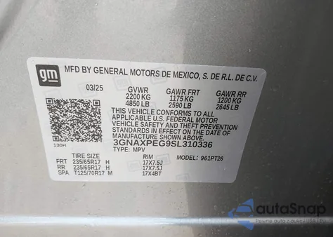 2025 Chevrolet Equinox Awd Lt z USA, uszkodzony, nr VIN 3GNAXPEG9SL310336